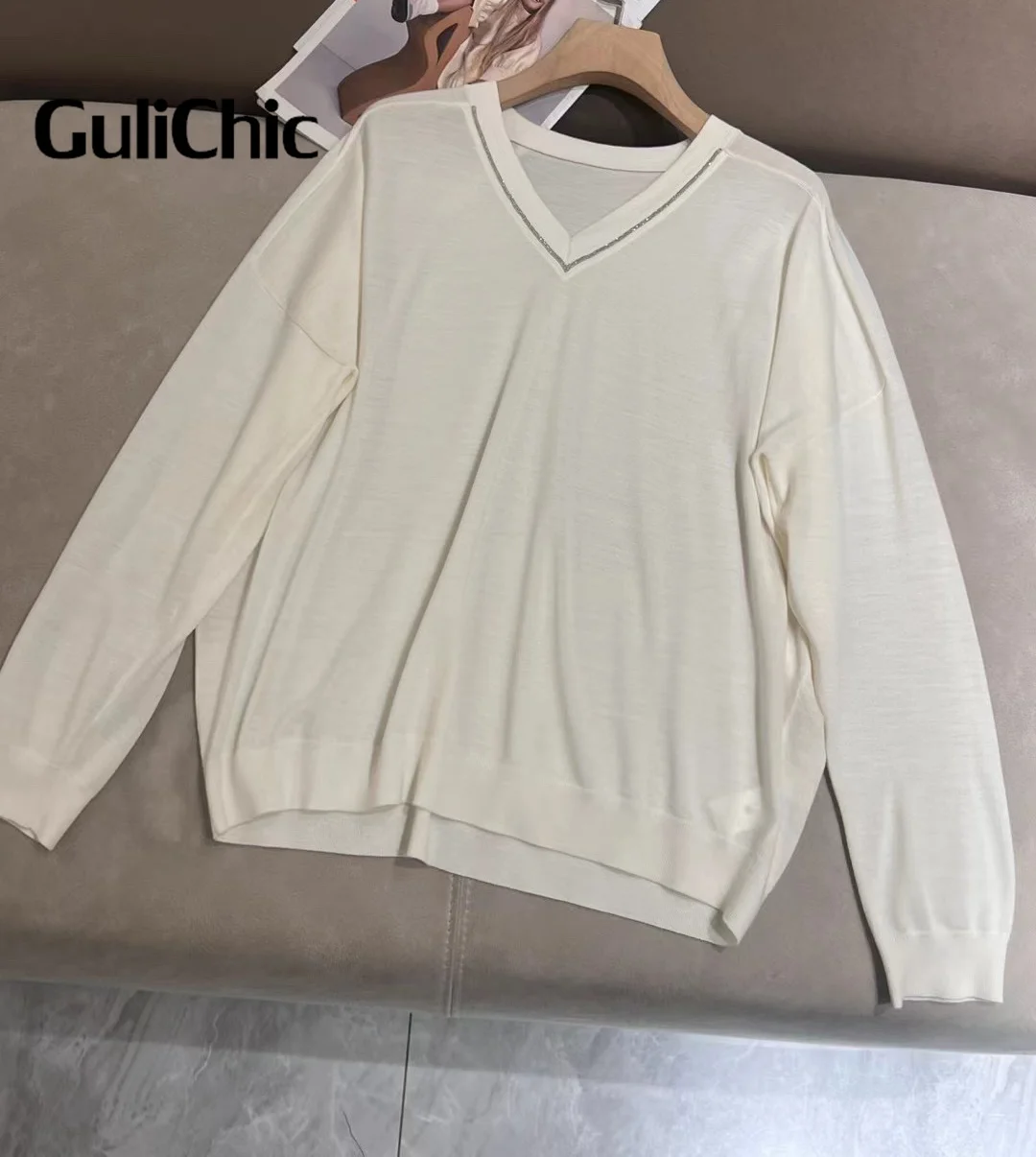 11 16 GuliChic высококачественный вязаный свитер с v-образным вырезом и цепочкой из