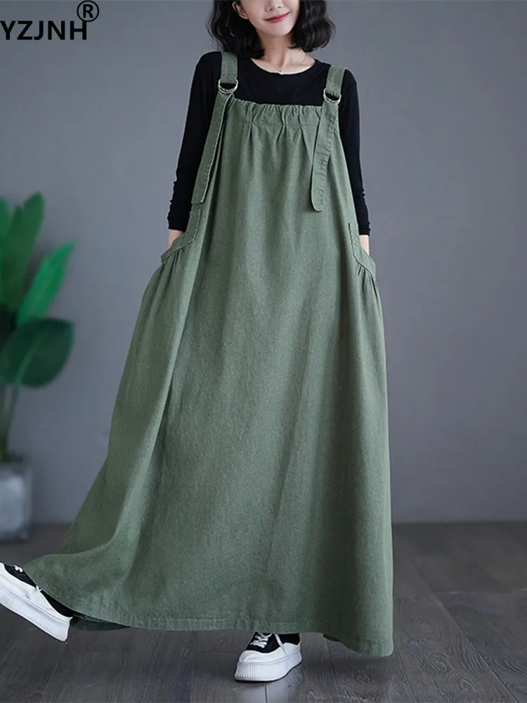 

Женское длинное джинсовое платье YZJNH, свободное однотонное винтажное платье на бретелях, длинное джинсовое платье с широким подолом, весна-осень