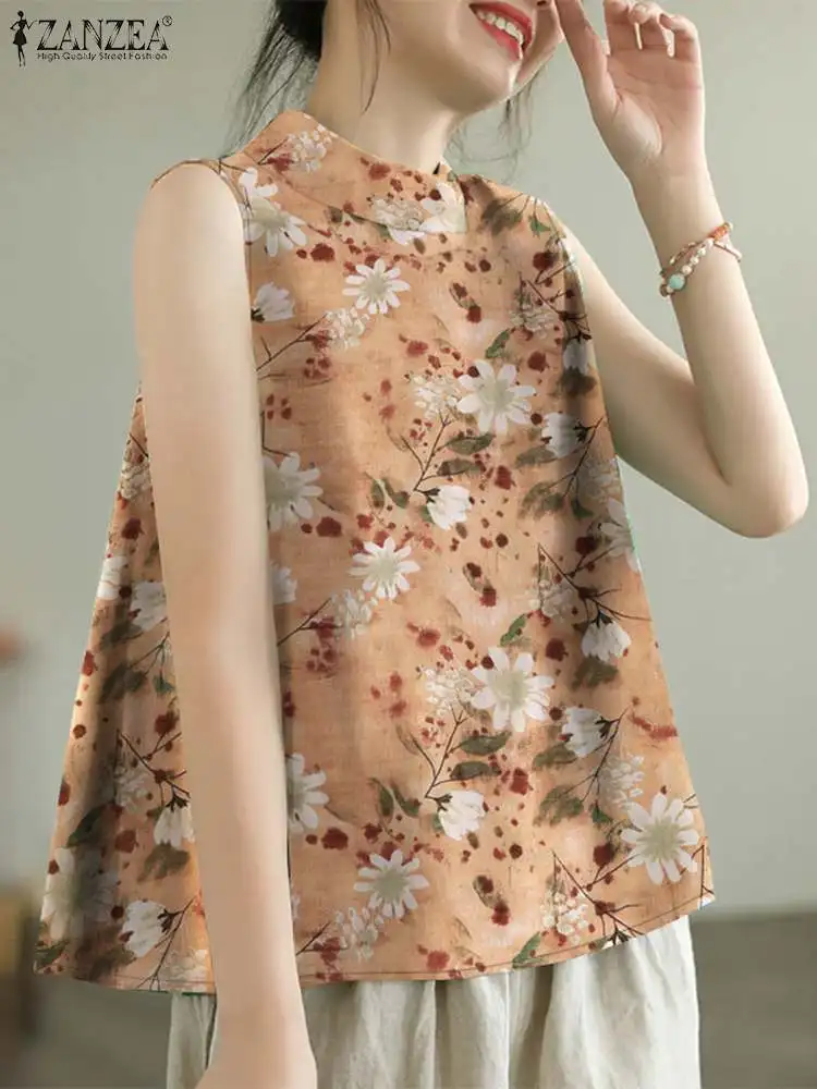 Блузка ZANZEA женская без рукавов пикантный модный Свободный Топ с принтом