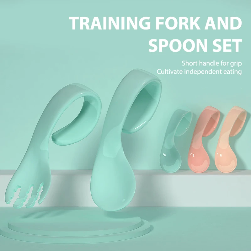

2Pcs/Set Baby Twist Fork Spoon Suit Infant Training Spoon Curved Portable Tableware Sets Patchwork Solid Color Antislip Utensils