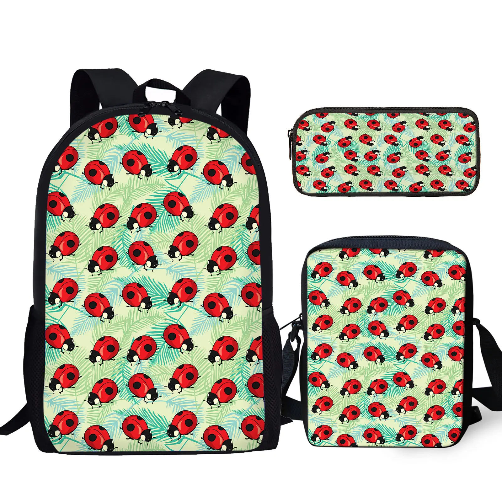 

YIKELUO 3D Cartoon Seven Star Ladybug Plant Print Brand Backpack Comfortable Adjustable Shoulder Strap Messenger Bag Pencil Case