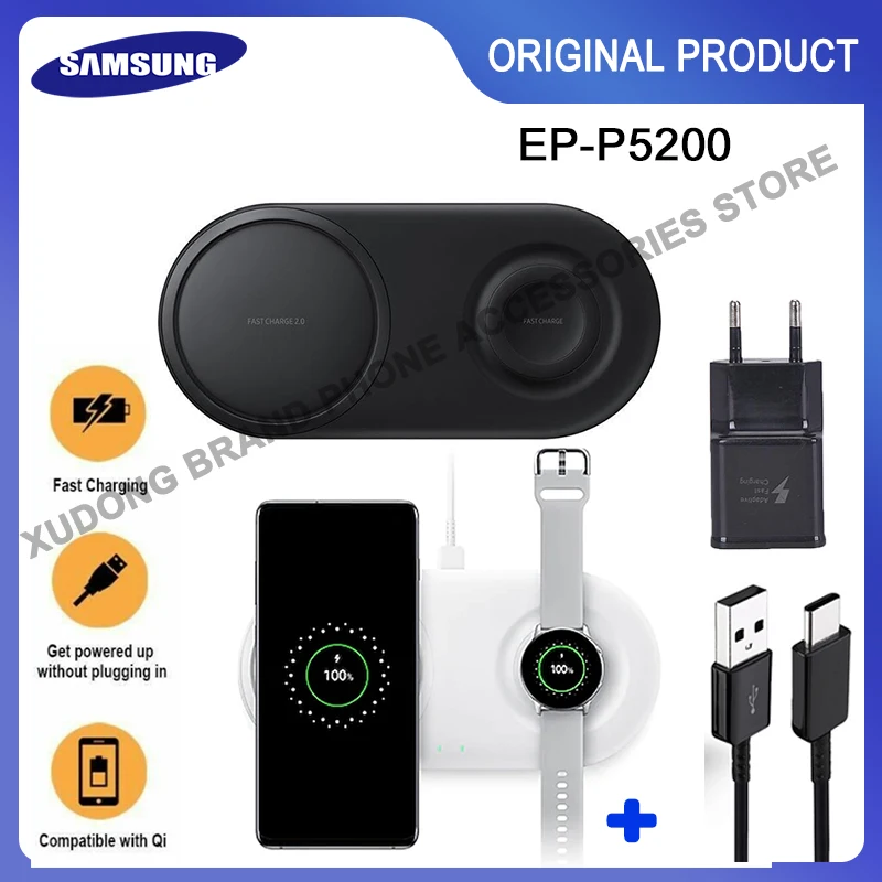 

Original Samsung Qi 2 in 1 Wireless Fast Charger Duo Pad EP-P5200 For Galaxy S21 S22 S20 S9 S10 plus S8 Watch S2/3 With Adapter