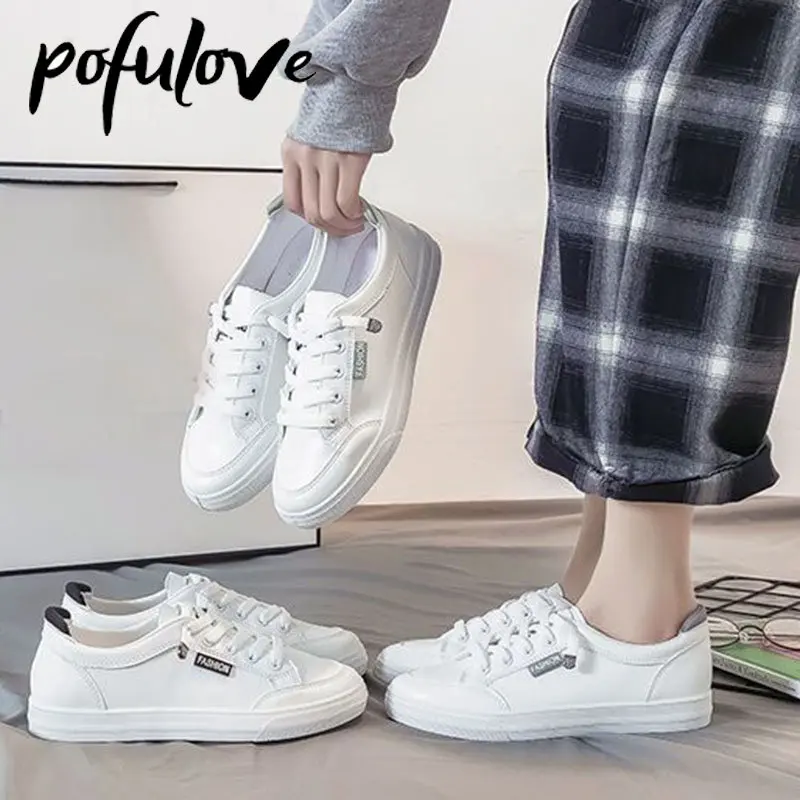 

Pofulove Fashion White Flat Shoes Women's Low Heel Lace Up Casual Shoes Breathable Non Slip Board Shoes Dropshipping Wholesale