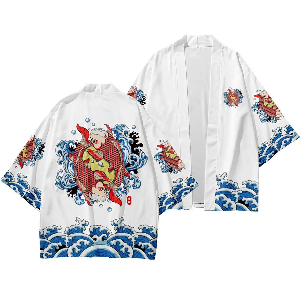 

Plus Size 6XL 5xl Carp China Fashion Kimono Men Women Cardigan Haori Obi Asian Clothes Pant Suit Beach Harajuku Japanese Sets