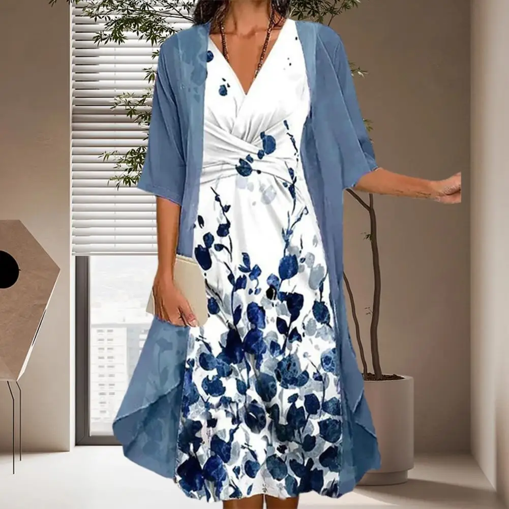 

Женский мягкий костюм с цветочным принтом, комплект с платьем средней длины без рукавов и V-образным вырезом для весны и осени