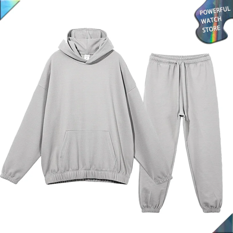 

2022 Autumn Winter New Heavyweight 360G Waffle Oversize Hoodies Men Baggy Loose Elastic Pants Washed Hip Hop Men's Sweater Suit