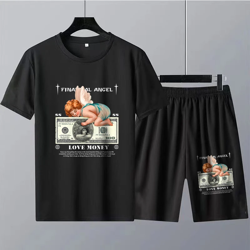 Summer Men's Angel Graphics Print Tracksuit Set Cotton Quality T Shirt Shorts 2 Piece Suit Luxury Man Woman Clothing Streetwear