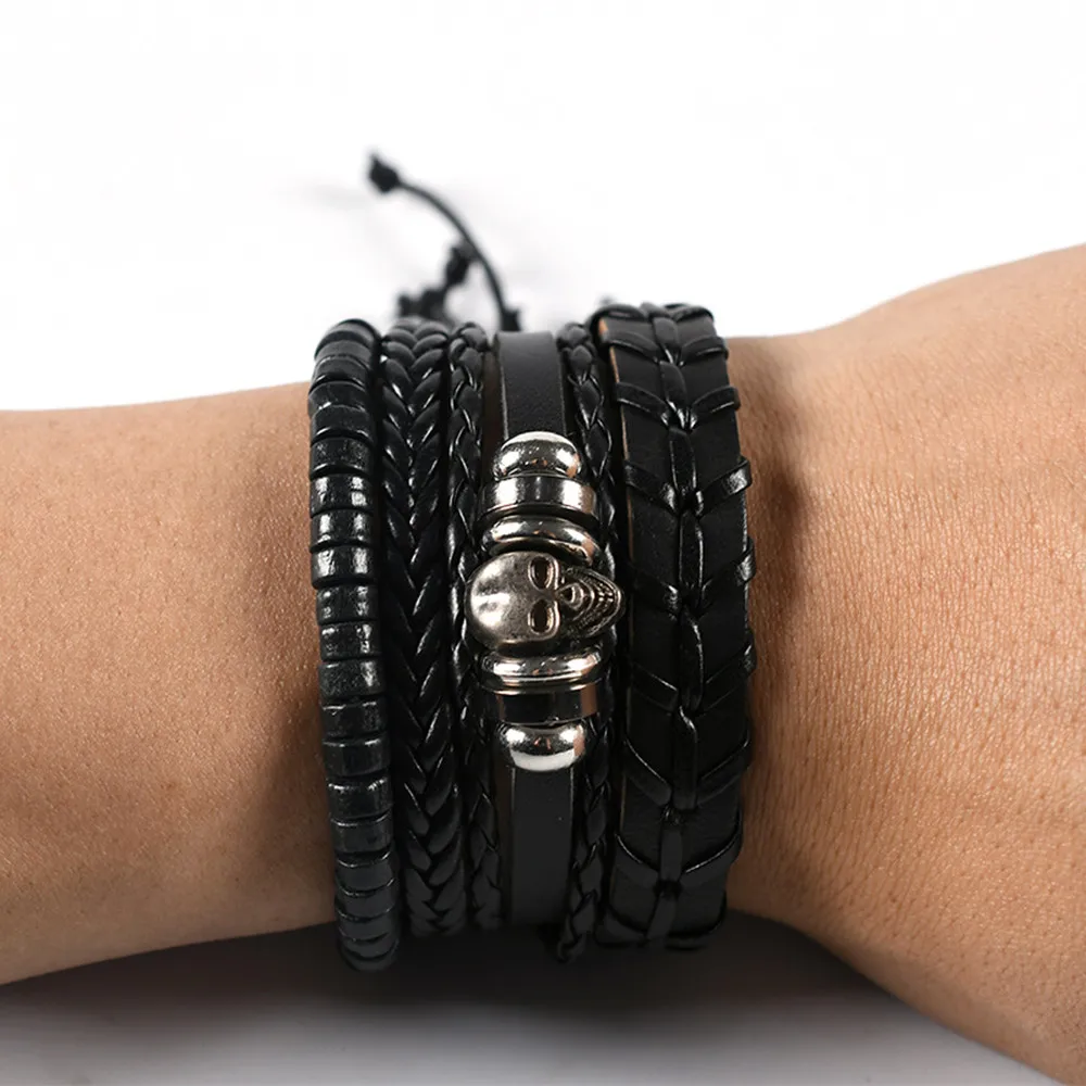 

4Pcs Set Vintage Punk Skull Leather Bracelet Men Jewelry Cool Multilayer Adjustable Stainless Steel Bracelet