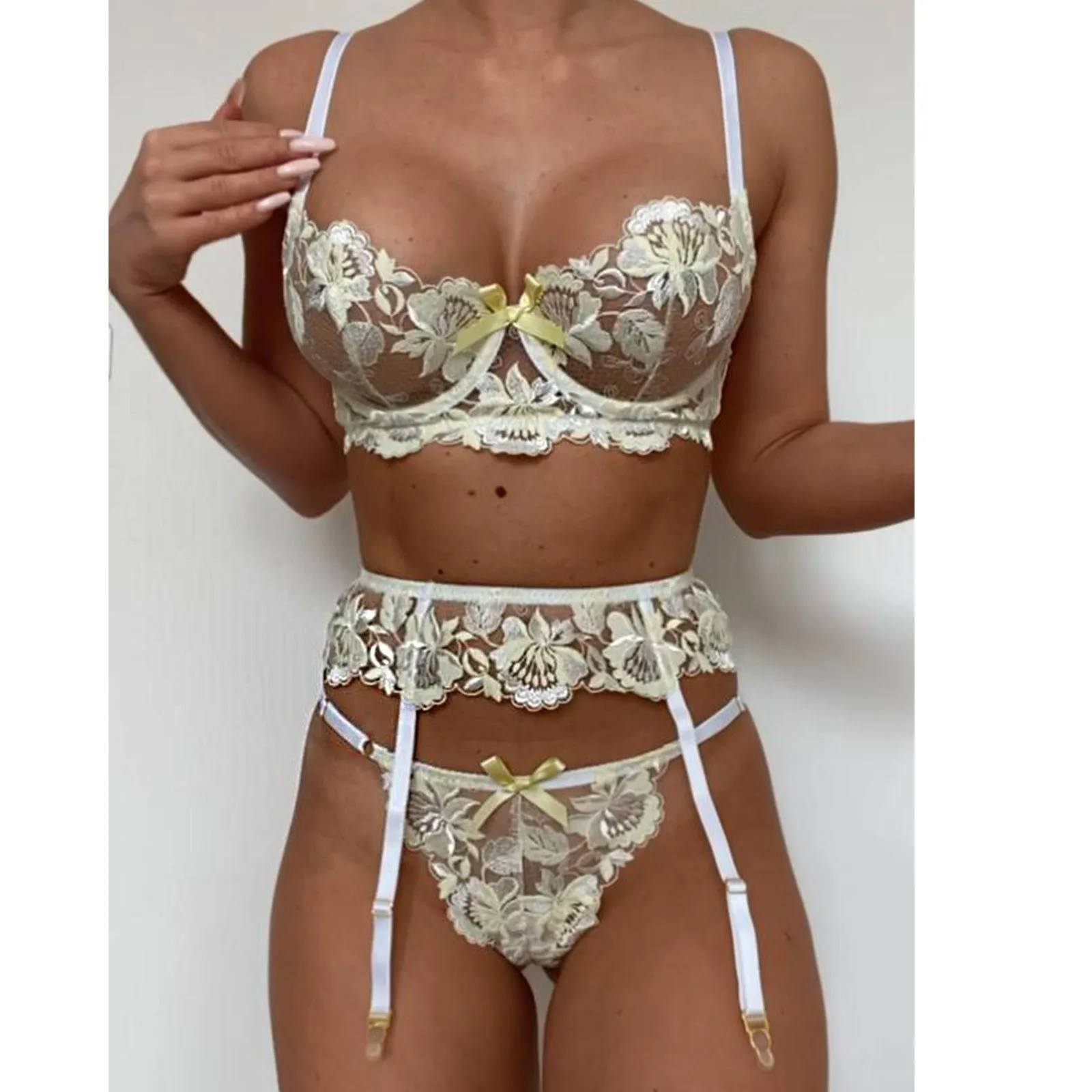 

3 шт., кружевные бюстгальтеры пуш-ап с цветочной вышивкой