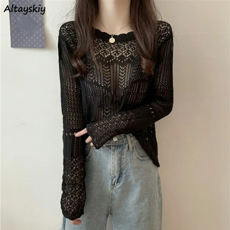 

T-Shirts Women Sexy Hollow Out Office Lady Casual All-match O-neck Korean Style Solid Trendy Ins Popular New Design Hot Sale