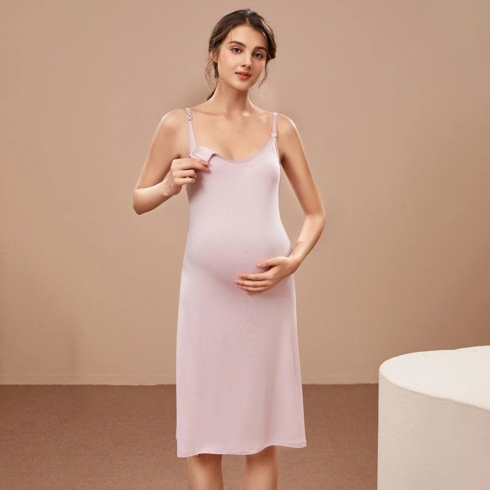 

Women's Soft Breast-Feeding Nightdress With Chest Pad Maternity Nightgown Loose Fit Sleeveless Casual Homewear With Built In Bra