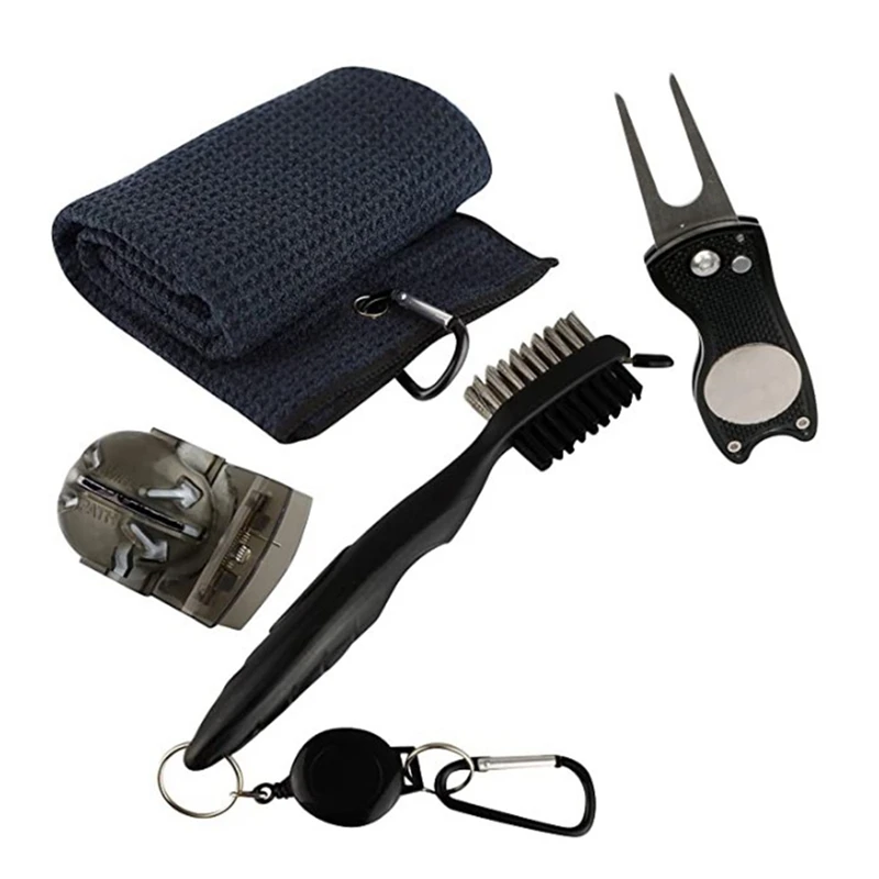 

Golf Accessories Clean Set - Golf Towel, Golf Club Brush Golf Ball Marker And Golf Tee Holder - Golf Club Cleaning Kit