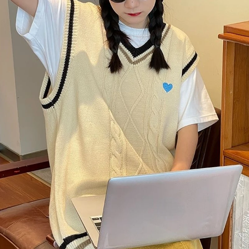 Свитер-жилеты для женщин любят винтажные студенческие повседневные Harajuku с
