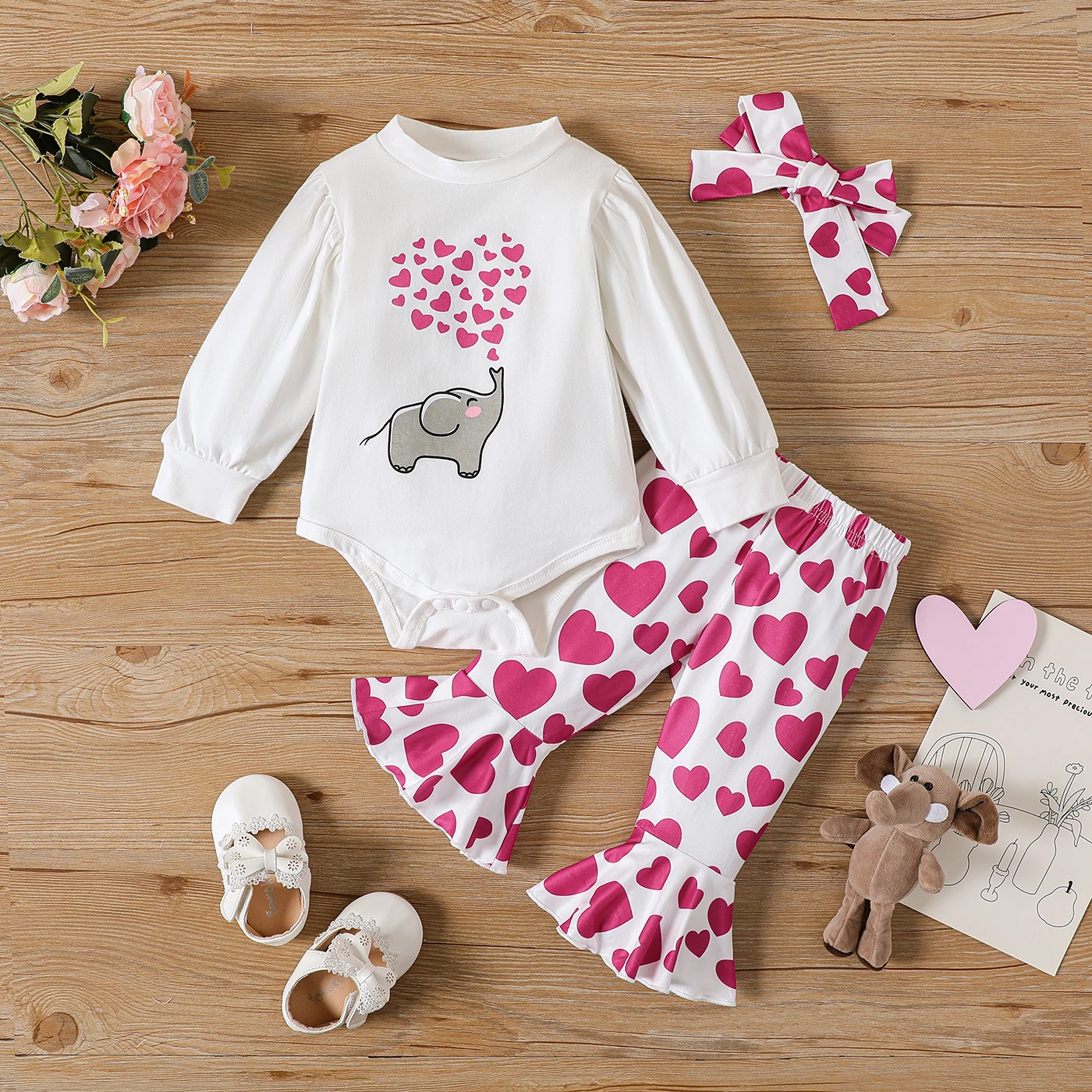 

PatPat 3pcs Baby Girl 95% Cotton Long-sleeve Elephant Graphic Romper and Allover Heart Print Flared Pants & Headband Set