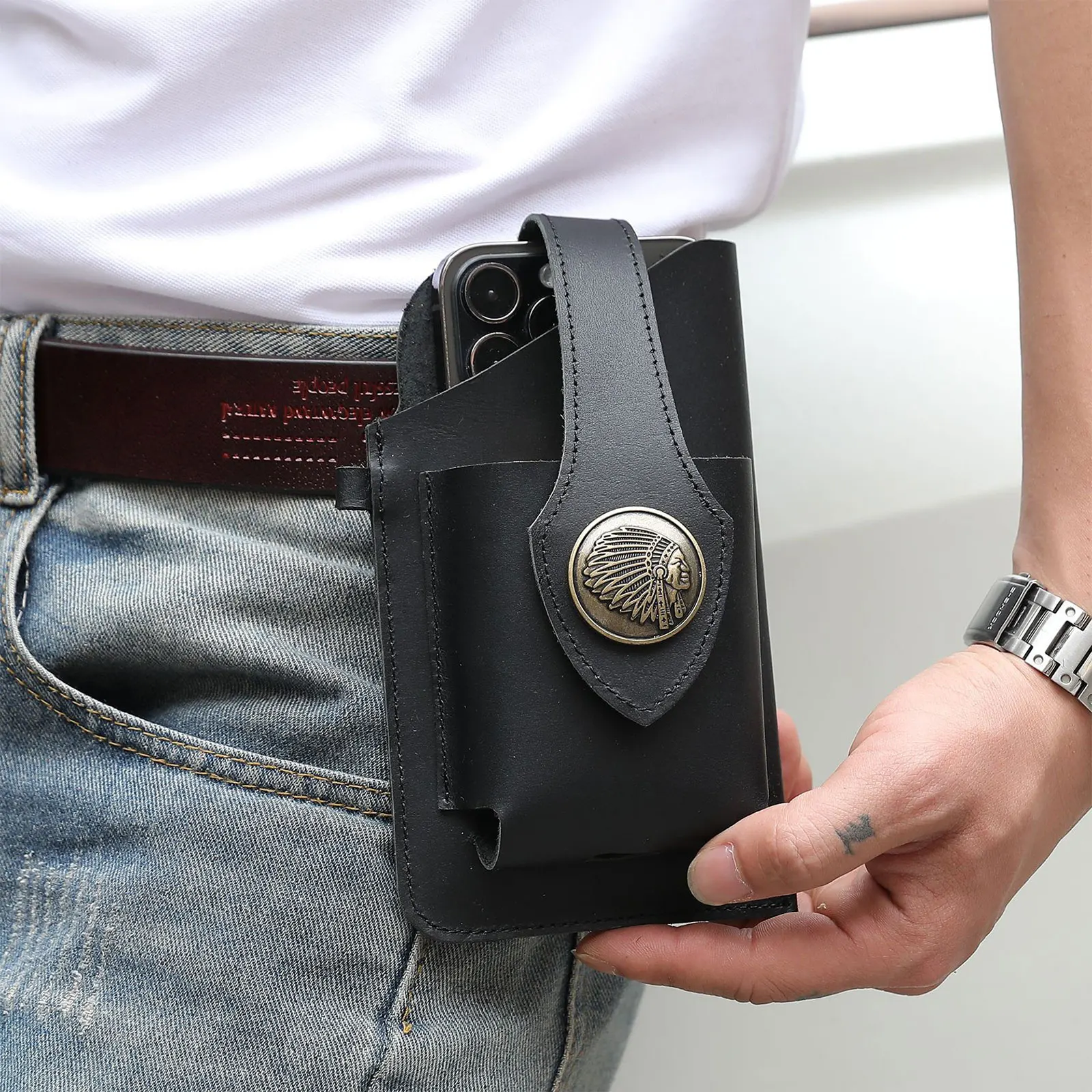 

Men's Belt Bag Vintage Leather Waist Bag with Key Hook Thick Phone Pouch Wallets Phone Case for IPhone Samsung Huawei General