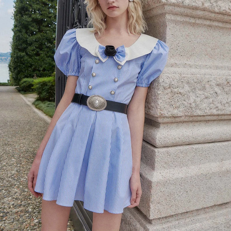 

Women Striped mini Dress Bow Decoration Bubble Sleeve lady Sweet short robe