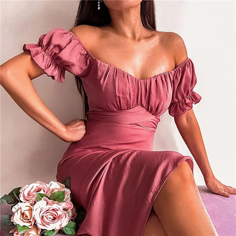 

2022 Summer Off Shoulder Vestidos Short Puff Sleeve Sweet Pleated Dress Waisted Women Midi Dress Sexy V Neck Holiday Sundress