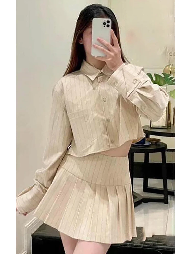 

Женские блузки PB & ZA, весенняя одежда 2023, полосатые повседневные рубашки с длинным рукавом, укороченный топ и плиссированные мини-блузки 3067001