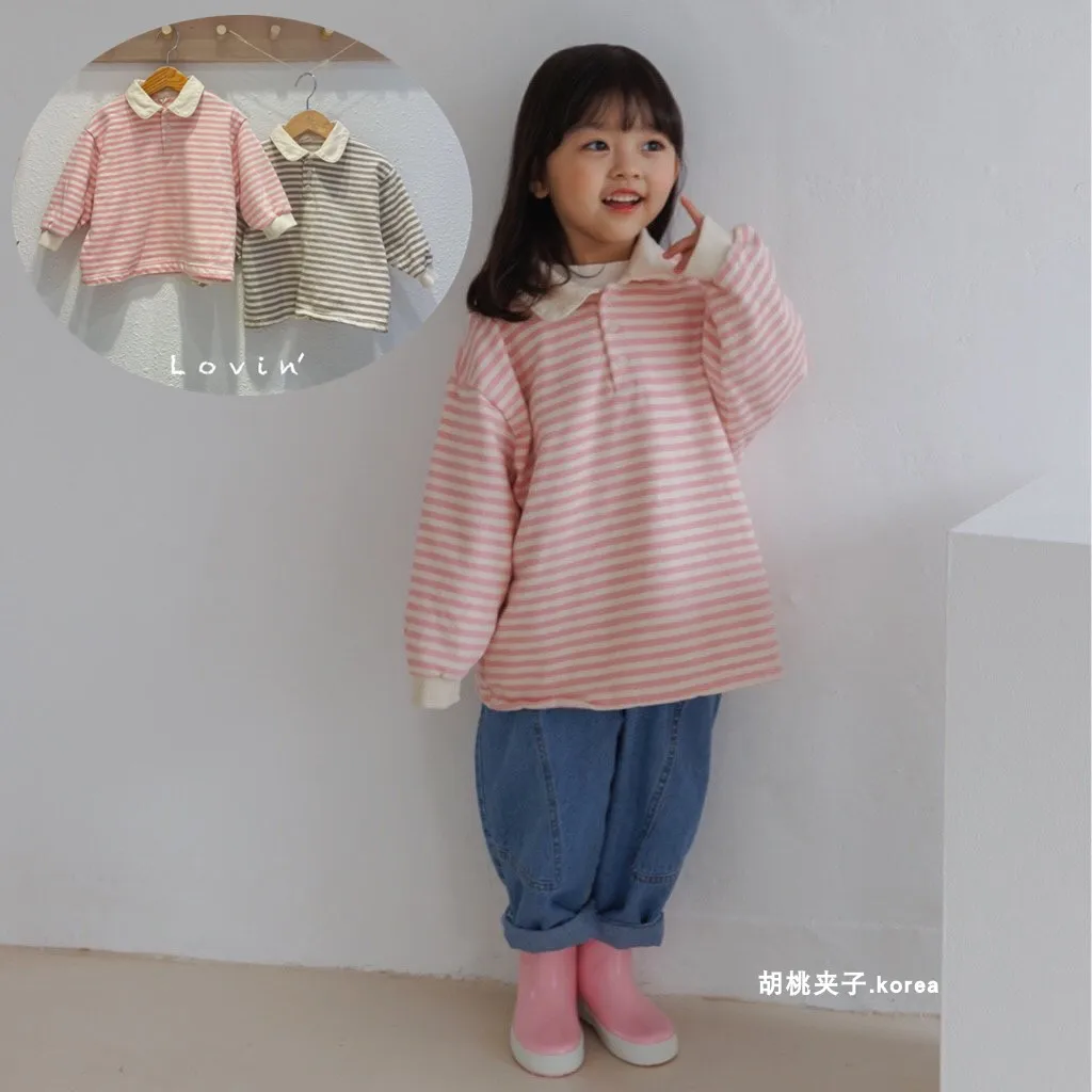 

Korean children's clothing agent purchase 2022 spring boys and girls baby cute Lapel loose stripe casual sweater T-shirt