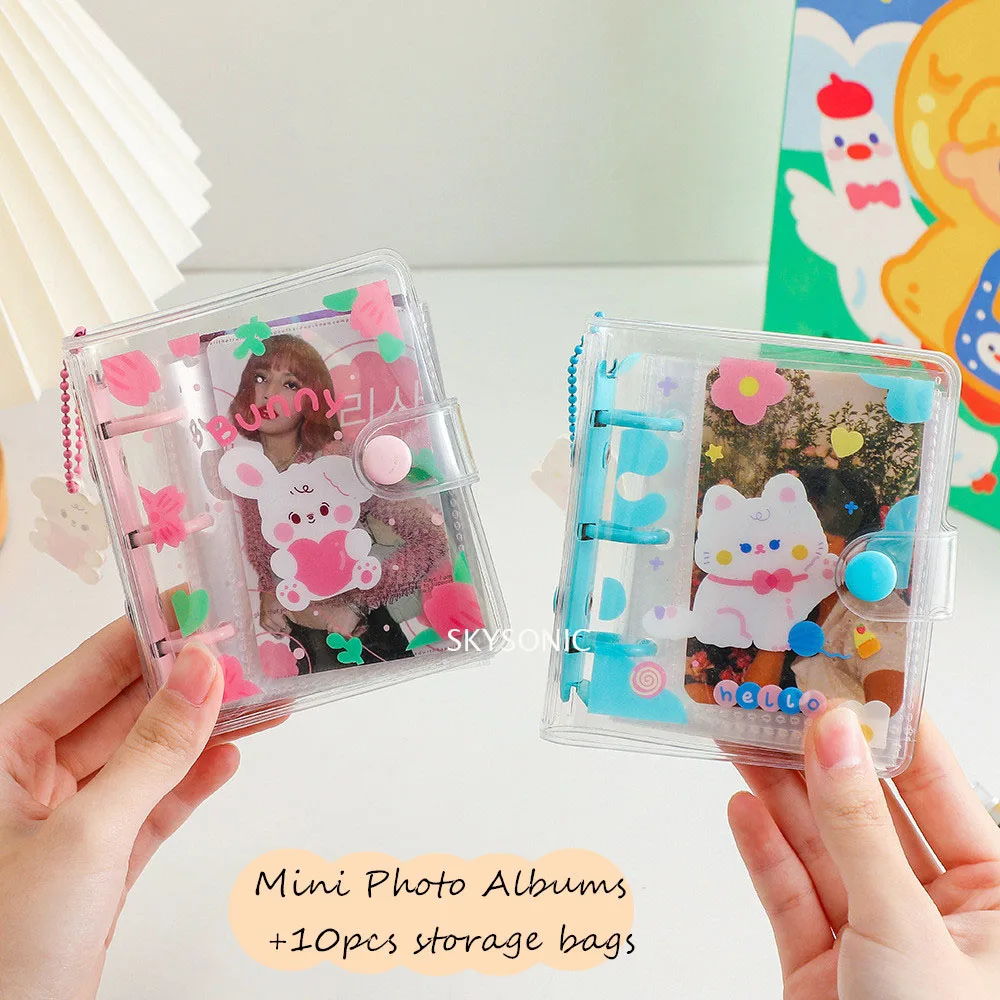 

SKYSONIC Mini Binder Photo Albums 10pcs Storage bags 3 Hole Loose Leaf Notebook Planner Kawaii Bear Rabbit Full Set Collect Book