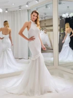 dressv halter neck beading wedding dress sleeveless mermaid zipper up floor length bridal outdoor church wedding dresses 2022