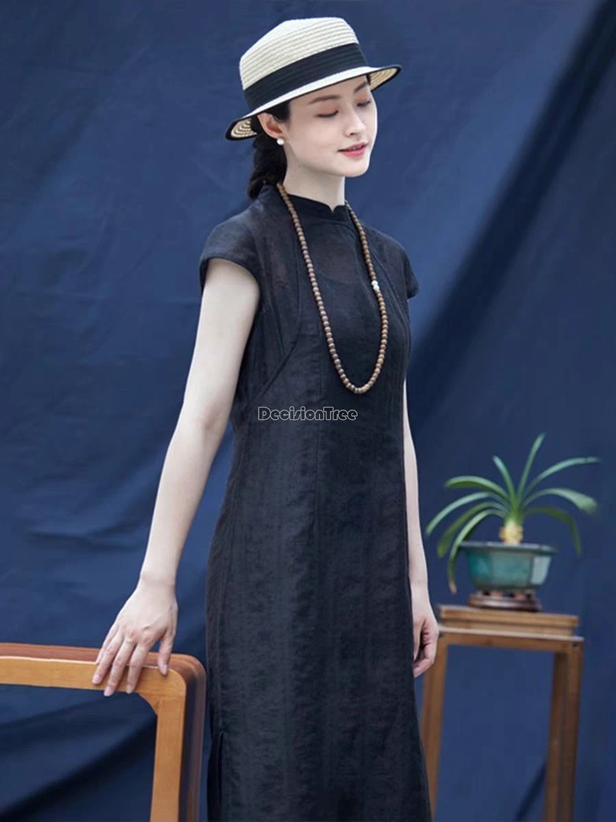 2024 Ретро китайское этническое стильное хлопковое льняное платье Ципао летнее