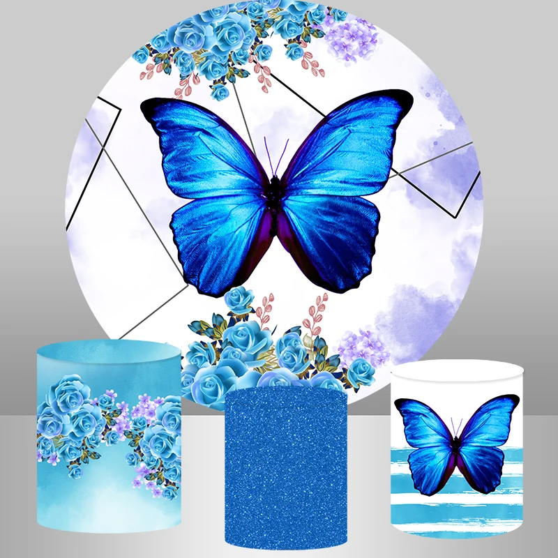 

Royal Blue Butterfly Round Backdrops Marble Flowers Birthday Baby Shower Wedding Circle Background Table Cover Plinths Covers