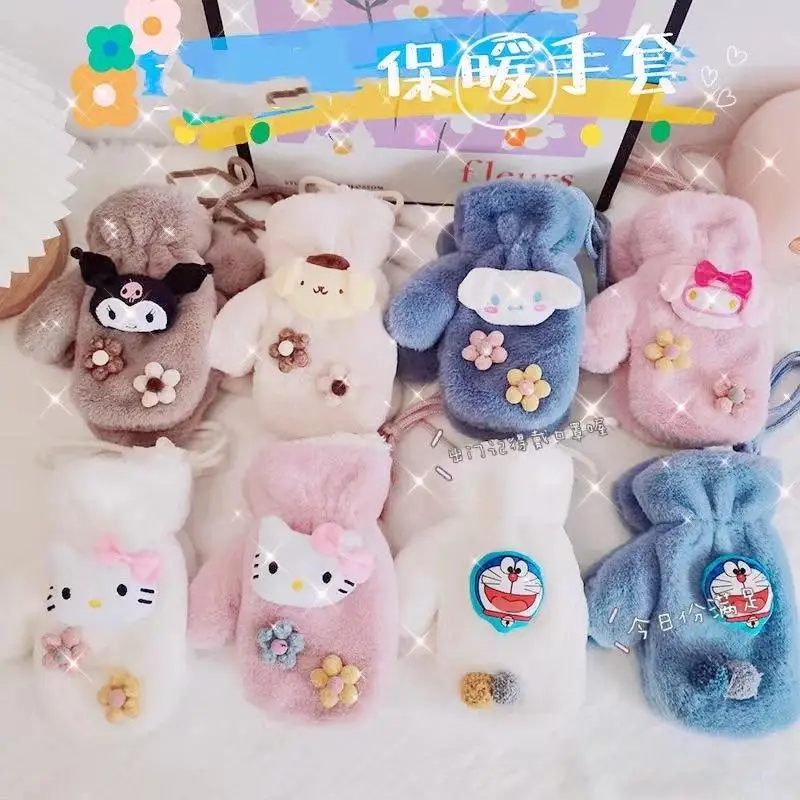 

Cartoon Hellokitty Kuromi Cinnamoroll Sanrio Gloves Winter Female Japanese Cute Warm Student Plush Thickened Gloves