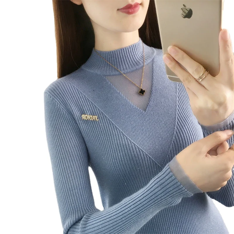 

Top women's 2022 new autumn and winter self-cultivation half turtleneck lace sweater long-sleeved knitted bottoming shirt tide