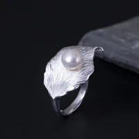 original 925 sterling silver leaf freshwater pearl ring chinese style ethnic open adjustable rings women 100 silver jewelry j57