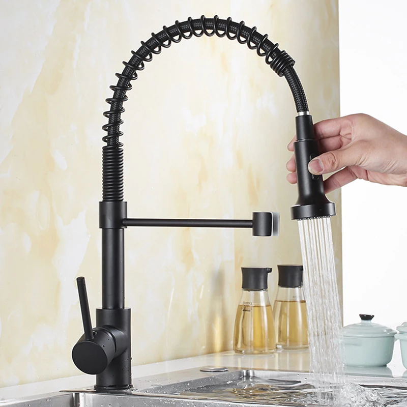 

Черные латунные смесители для кухонной раковины, Однорычажный Выдвижной пружинный излив, смесители для горячей и холодной воды, смесители для кухонной раковины