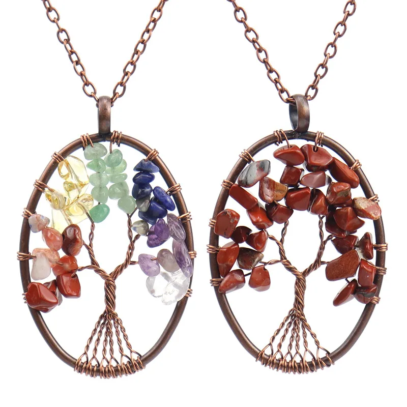 

10pcs 5cm Retro Oval Natural Stone Tree of Life Colorful Gravel Crystal Pendant Handmade Quartz Necklace for Women