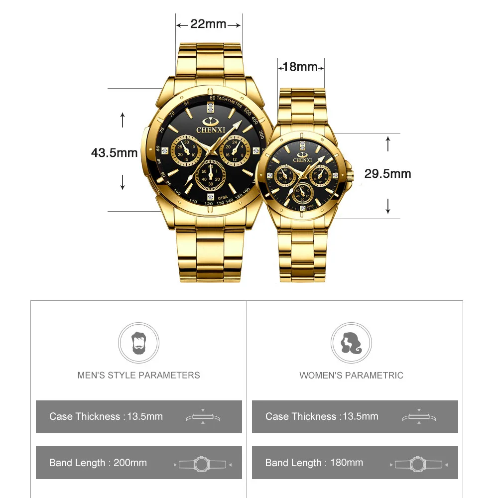 CHENXI New Luxury Golden Dial Couple Mens Women Watches Fashion Quartz Watch Stainless Steel Business Luminous Waterproof Clock