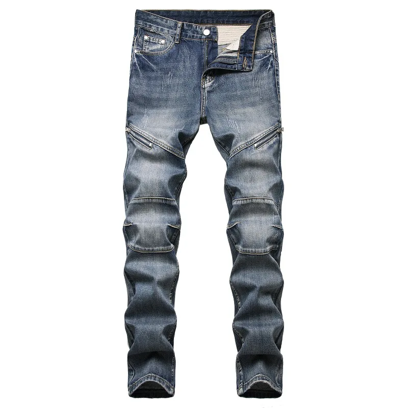 

Plus Size 40 42 Thigh Zipper Jeans for Men Slim Skinny Stretch European American Fashion Fold Motorcycle Biker Denim Pants