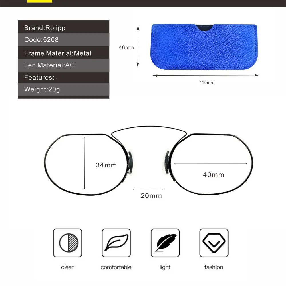 Фото Reading Glasses for Men Clip Nose Portable with Out Temple Presbyopic Glasses Oval Metal High Quality with Case №2