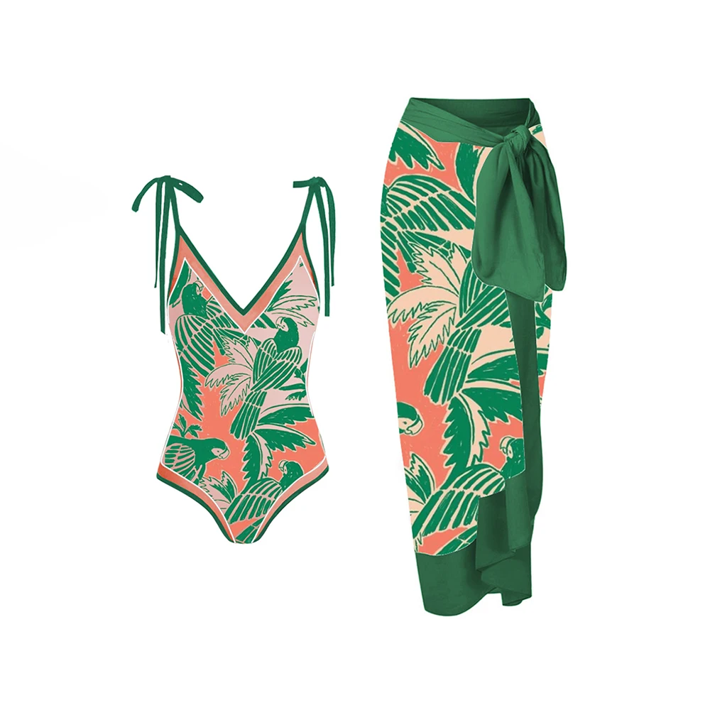 

Vintage Flower and Bird Print One-Piece Swimsuit & Skirts Hot Sexy V-Neck Swimwear Chic Bowtie High Waist Bikini Monokini Suits