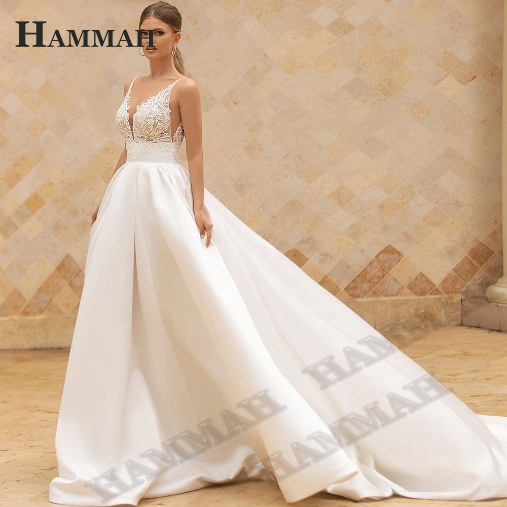 

HAMMAH свадебное платье для невесты классическое Пятнистое платье со шлейфом на бретелях свадебное платье с открытой спиной без рукавов с V-об...