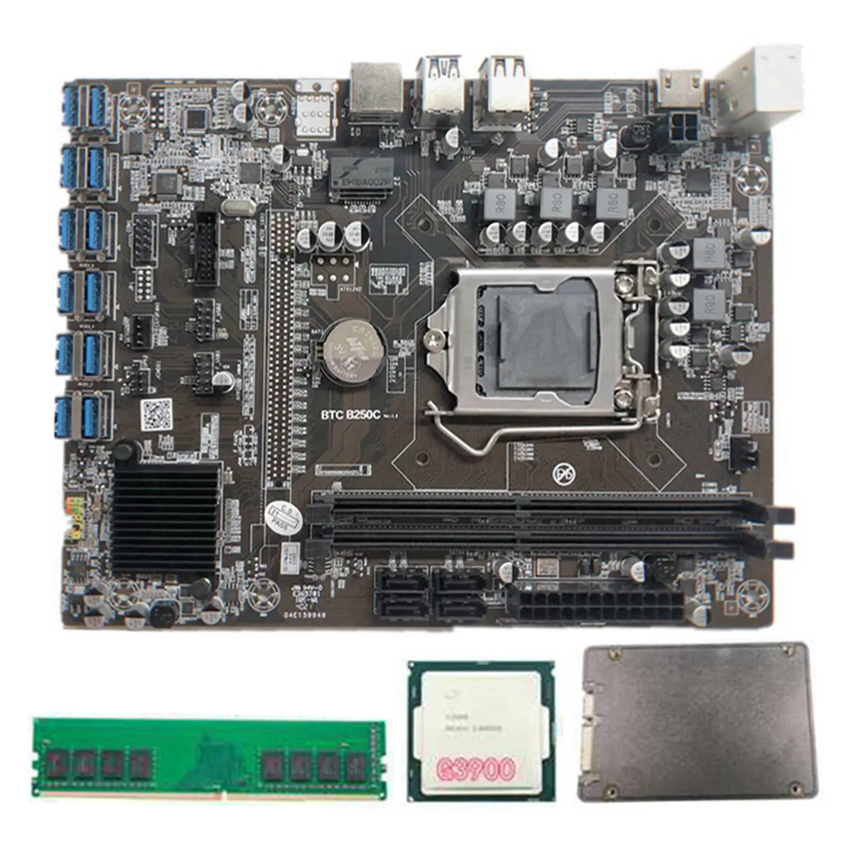 

B250C BTC Mining Motherboard with G3900 CPU+DDR4 4GB 2666MHZ RAM+120G SSD 12XPCIE to USB3.0 Card Slot LGA1151 for BTC