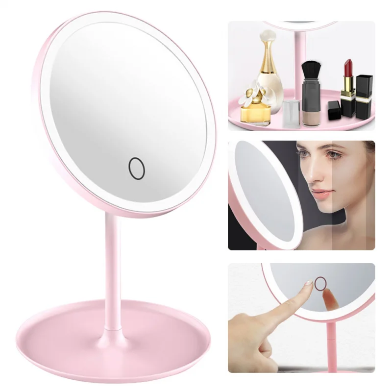 

Led Makeup Mirror with 3 Color Light Lamp with Storage Desktop Rotate Cosmetic Mirror Light Adjustable Dimming Usb Vanity Mirror