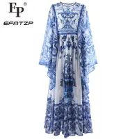 EFATZP Designer Runway Fashion Summer Blue And White Porcelain Maxi Long Dress Women's Batwing Sleeve High Waist Long Dress