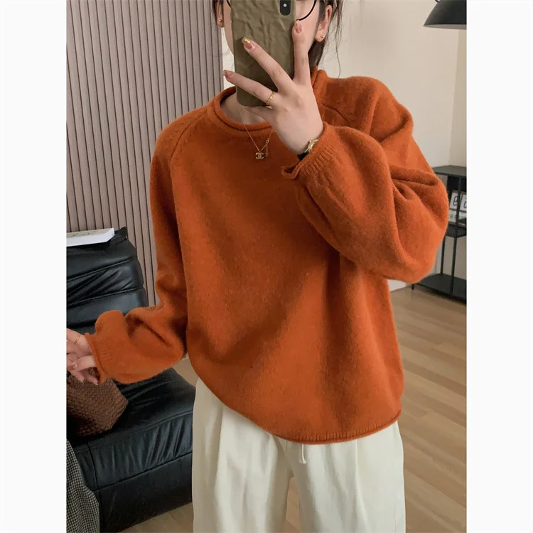 

Orange Soft Sweater Women's Autumn Winter 2023 Loose Slim Long Sleeve Knitted Shirt Top