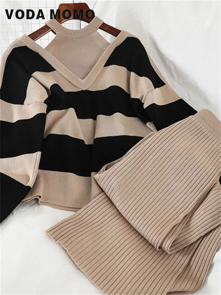 

New Autumn Winter Women two piece set Knitted Pullovers Sweater Stripe Knit Jumper Tops + Wide Leg Long Pants Suits Tracksuits