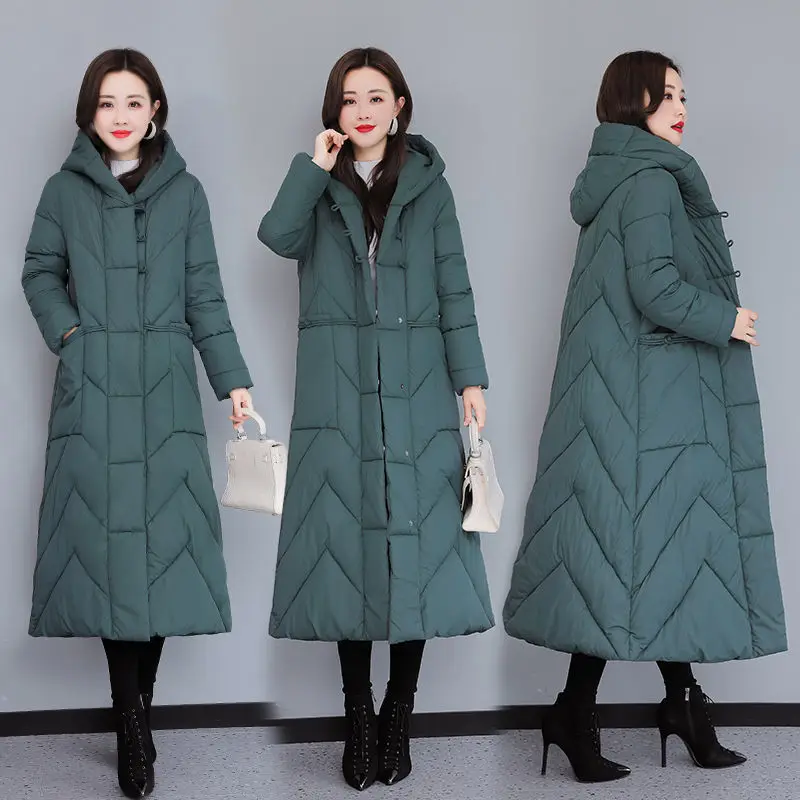 

Winter Long Knee Length Women's Cotton Clothes 2023 New Chinese Style Loose Coat Silk Cotton Thick Hooded Black Padded Jacket