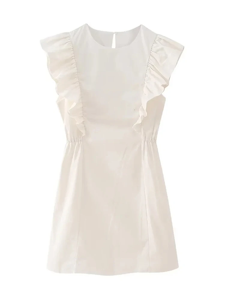 

Женское повседневное белое мини-платье без рукавов с оборками и круглым вырезом, модное однотонное короткое платье с высокой талией для девушек, 2023