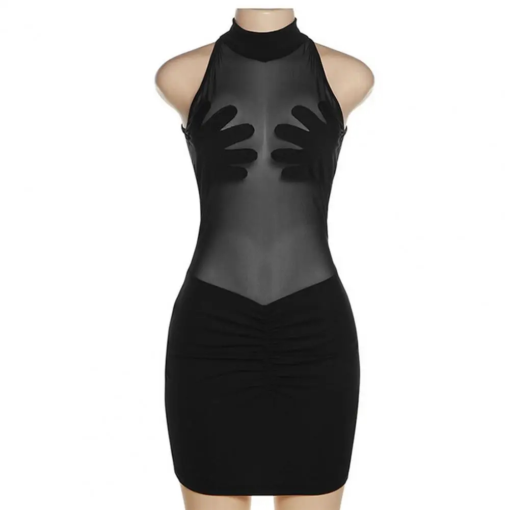 

Women Dress Stylish Ruched Sleeveless Perspective Patchwork Mesh Bodycon Dress Female Clothes Evening Dress Mini Dress