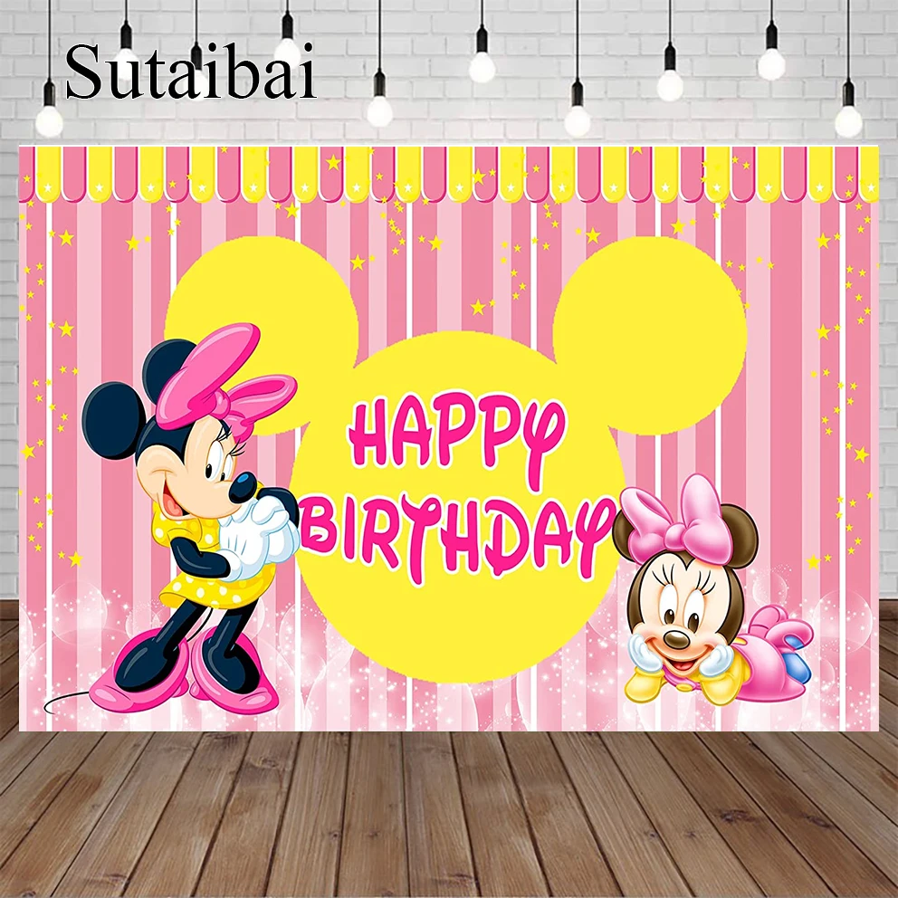 

Pink Yellow Backdrop for Minnie Birthday Party Supplies Photo Background for Baby Minnie Theme Party Caketable Decorations