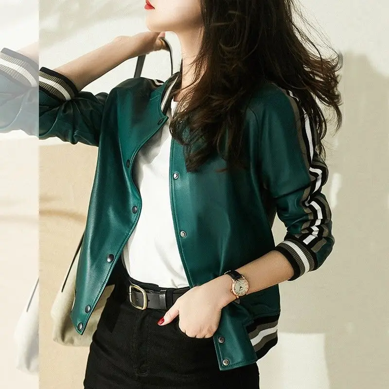 1pcs Women's PU Leather Short Jackets 2022 Spring Faux Fur Single Breasted Splicing Long Sleeve Ladies Skinny Locomotive Coats