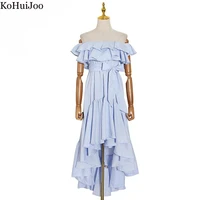 kohuijoo korean summer 2022 ruffle patchwork slash neck sleeveless dress irregular dress elegance stripe long dresses