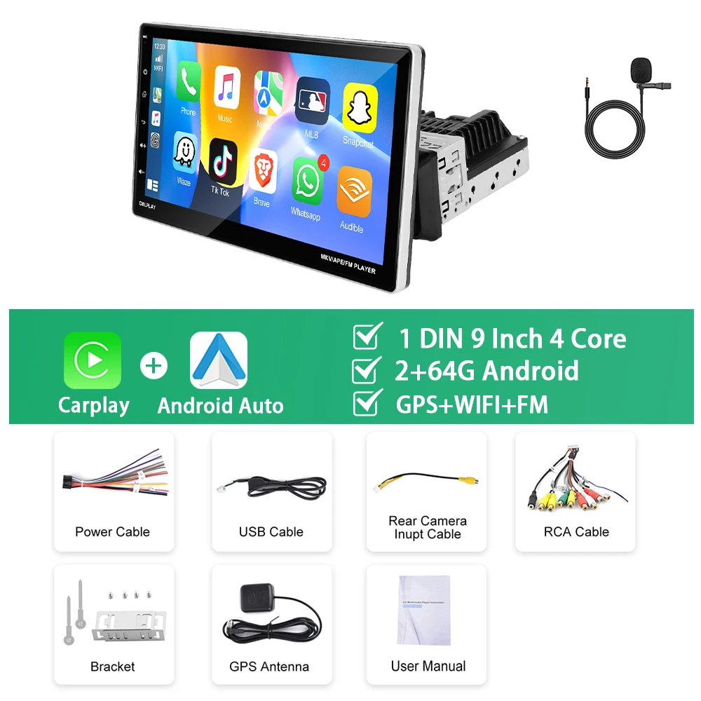 

Автомагнитола Podofo, мультимедийный плеер на Android, 2 + 64 ГБ, с 9 "экраном, GPS, Wi-Fi, FM/RDS Навигатором, Типоразмер 1DIN