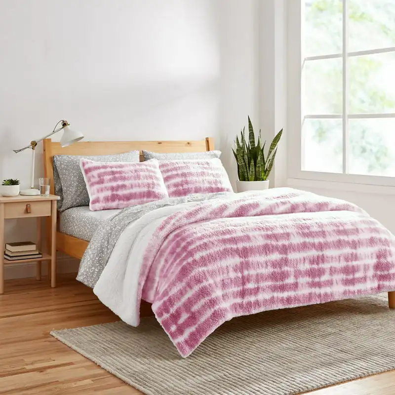 

3-Piece Cozy Tie Dye Stripe Comforter Set, Berry,
